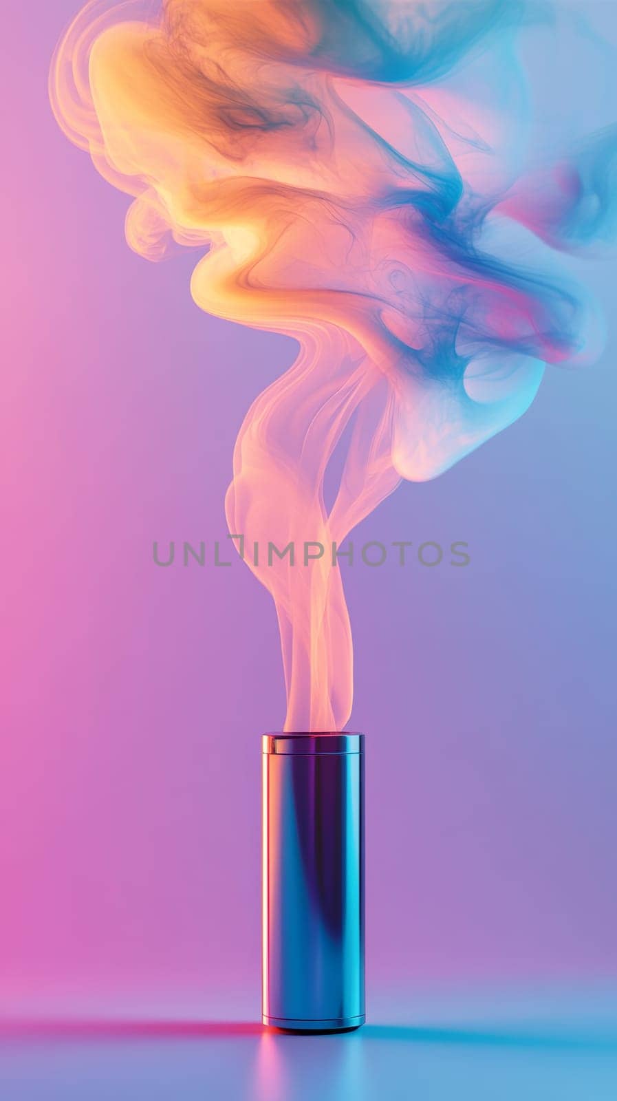 Colorful smoke rising from metallic vape against gradient background.