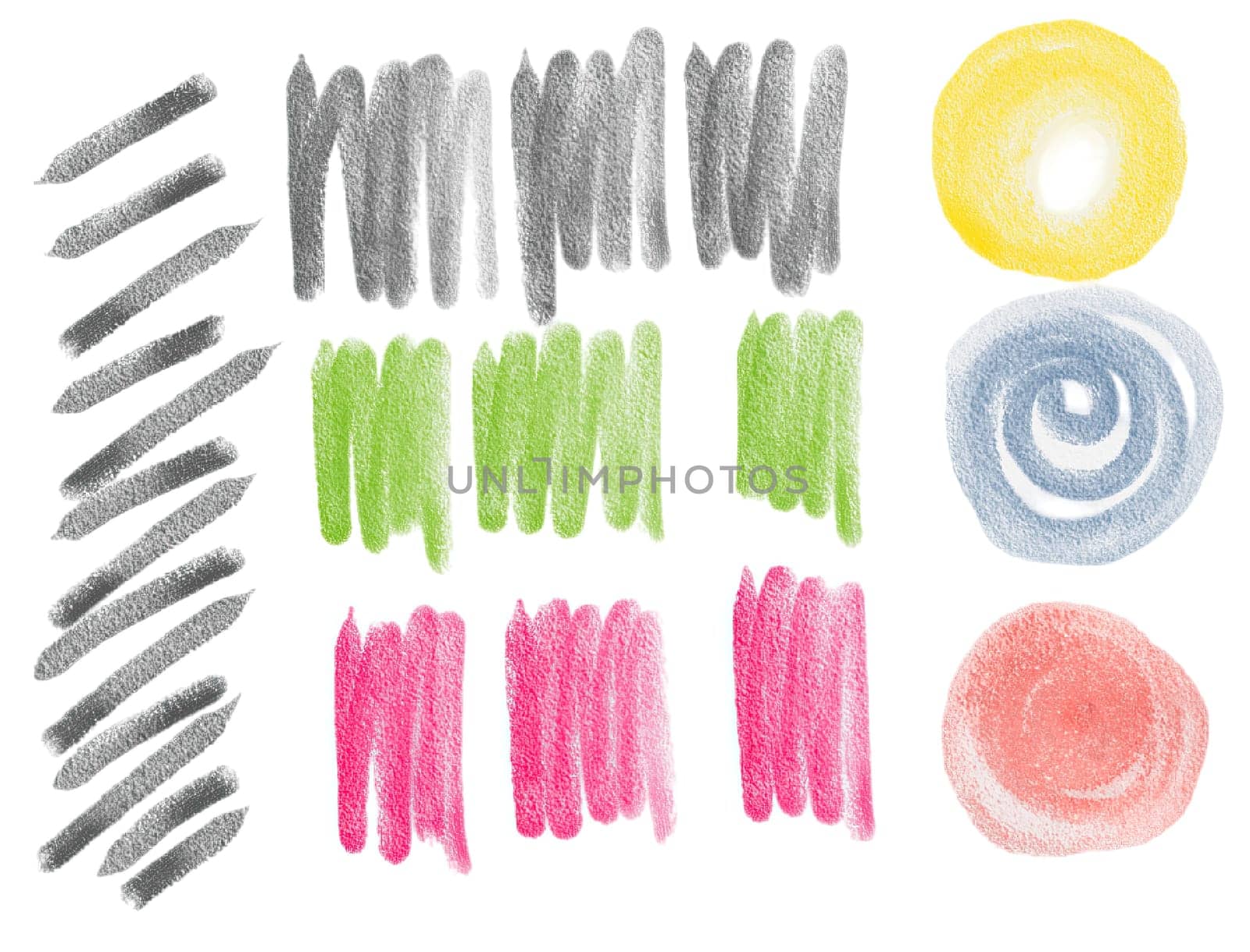 Vibrant strokes and shapes showcase an array of pastels in different colors. The arrangement highlights artistic techniques used for color blending and texture creation.
