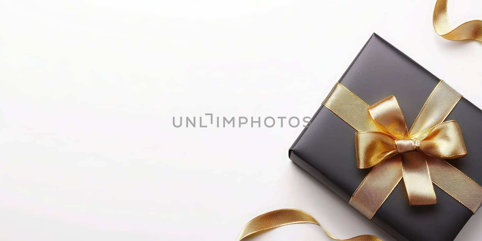 A beautifully wrapped black gift box features a luxurious gold ribbon and bow, resting on a pristine white background, ideal for any festive event or celebration.