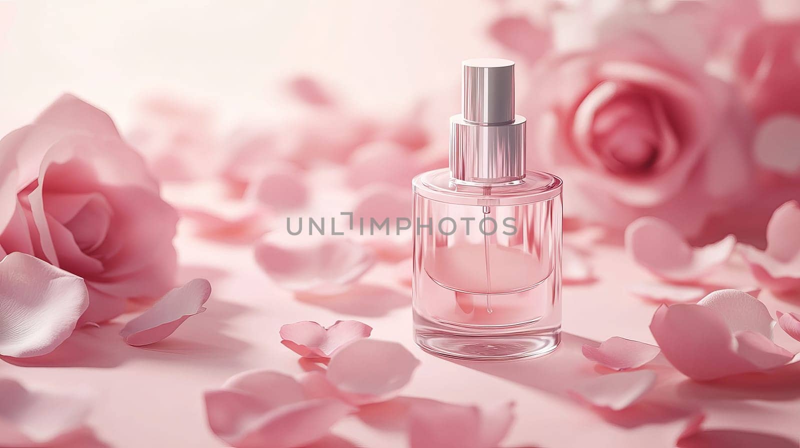 Perfume bottle surrounded by pink rose petals and roses on a pastel background. Romantic fragrance and beauty concept.
