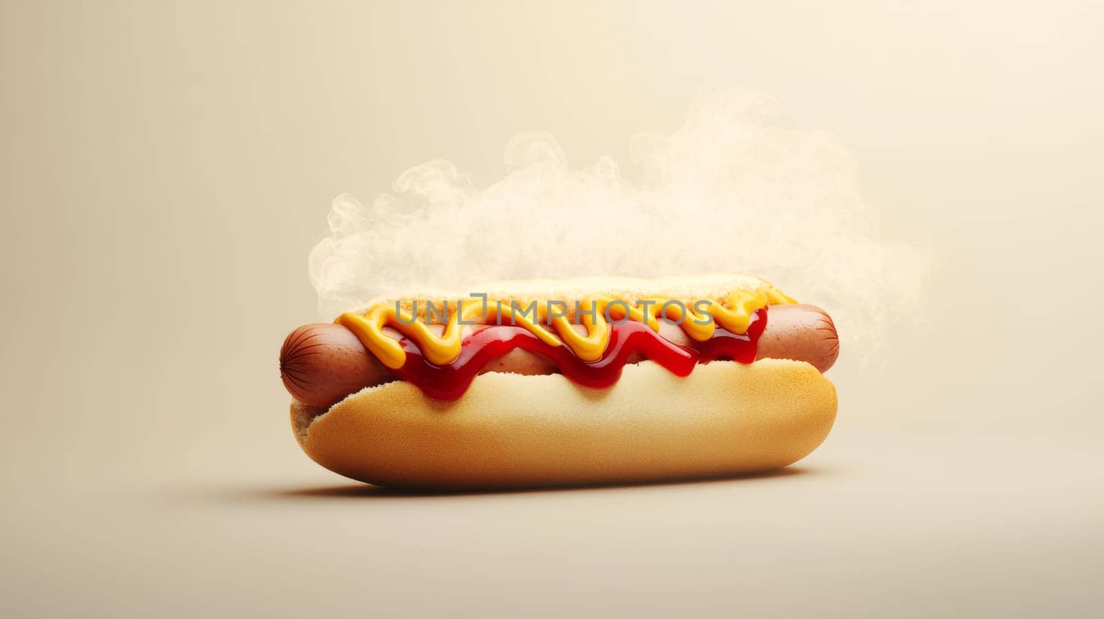 Steaming hot dog with mustard and ketchup.