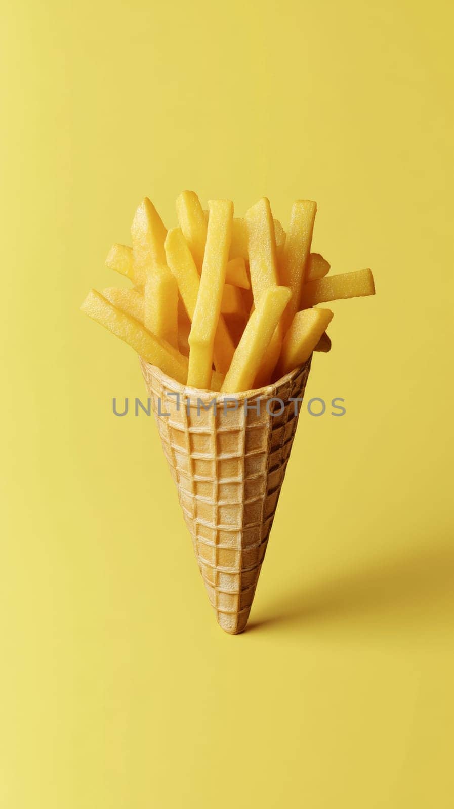 French fries in a waffle cone on yellow background, creative food concept.