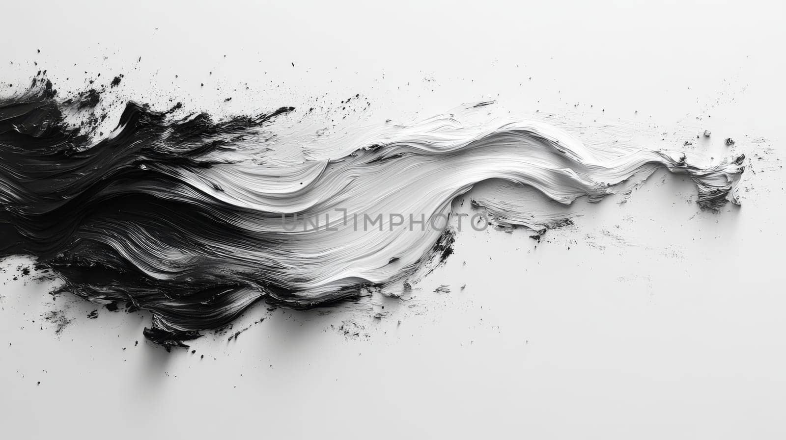 Black and white paint brushstroke on white background, abstract art concept.