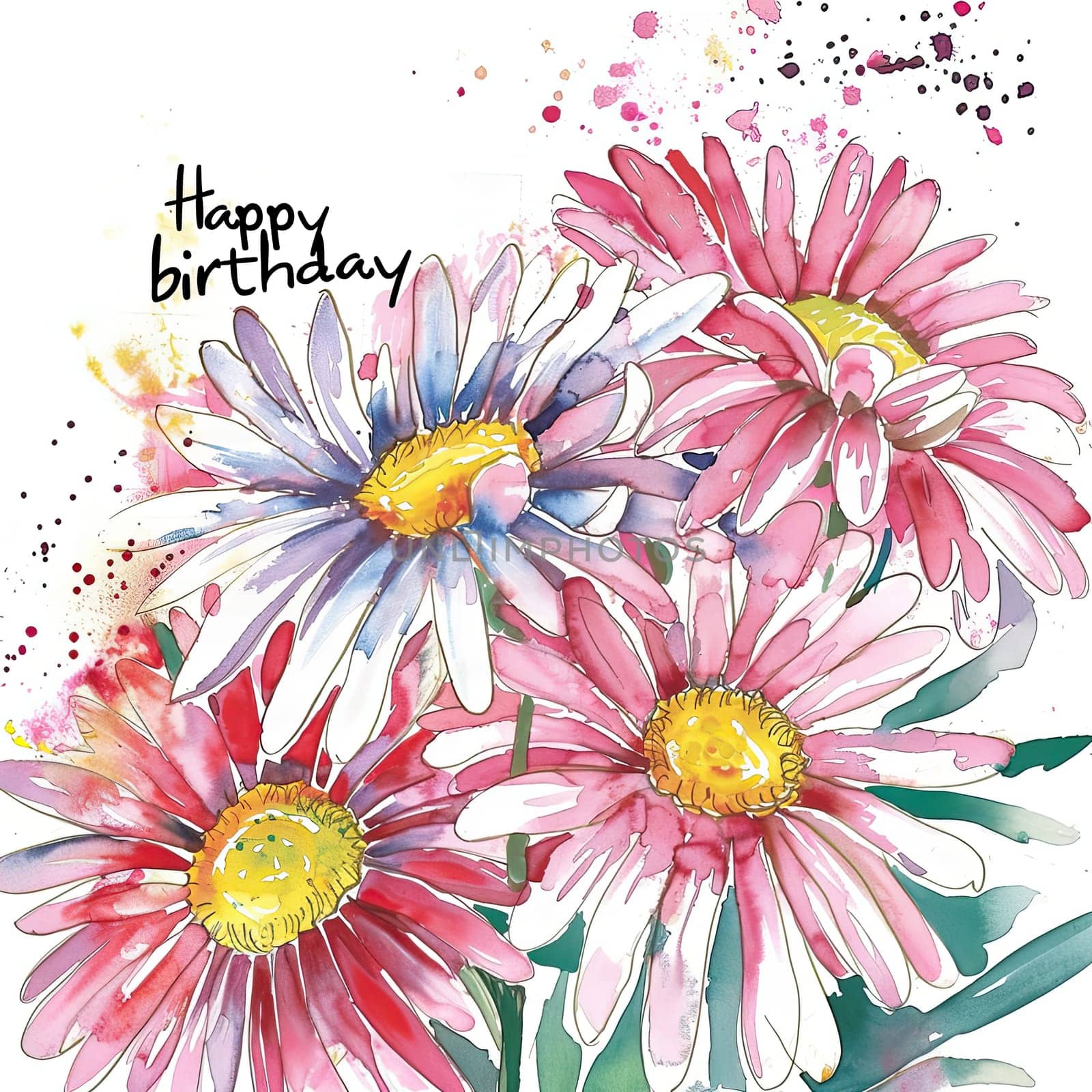 A vibrant arrangement of watercolor daisies in shades of pink and white, decorated with a cheerful birthday message, ideal for celebrating special moments with loved ones.