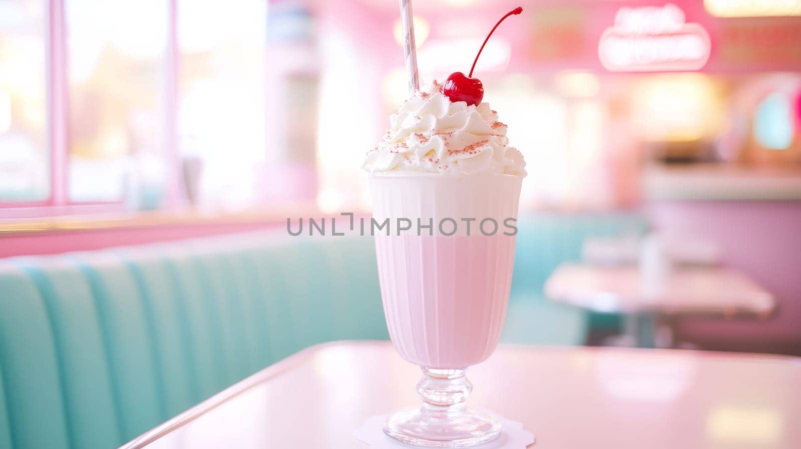 Milkshake in retro diner with cherry on top, vintage nostalgia concept.