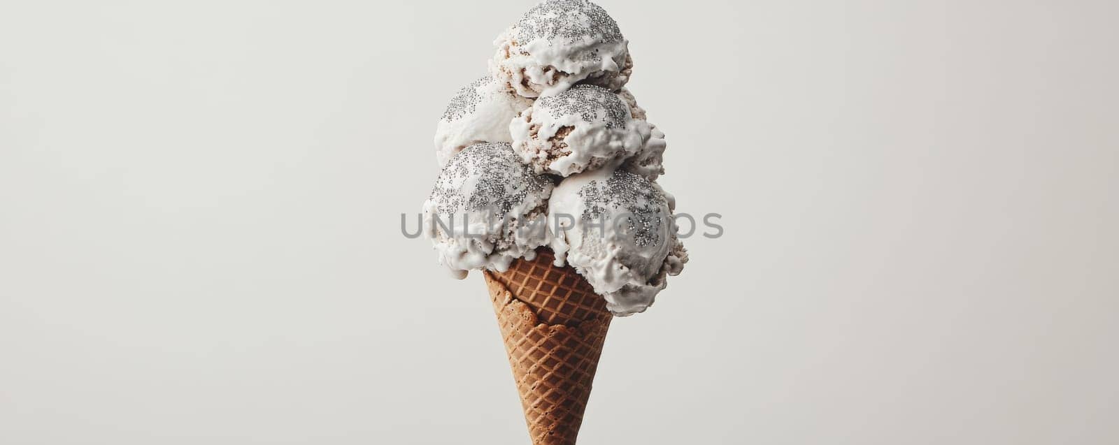 Ice cream cone with scoops of vanilla ice cream and sprinkles.