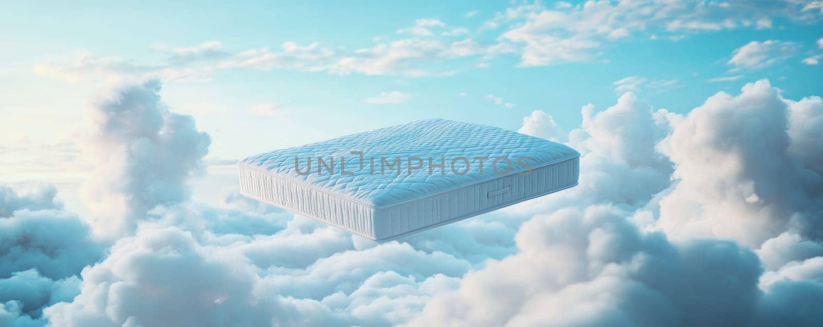 floating mattress among clouds in a serene sky, dream concept.
