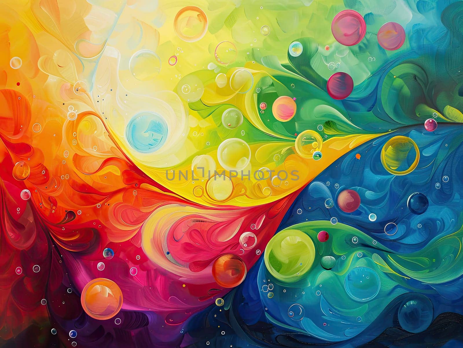 This artwork showcases a mesmerizing blend of colors, with vivid swirling patterns and bubbles interspersed throughout. The rainbow hues create a dynamic, lively effect.
