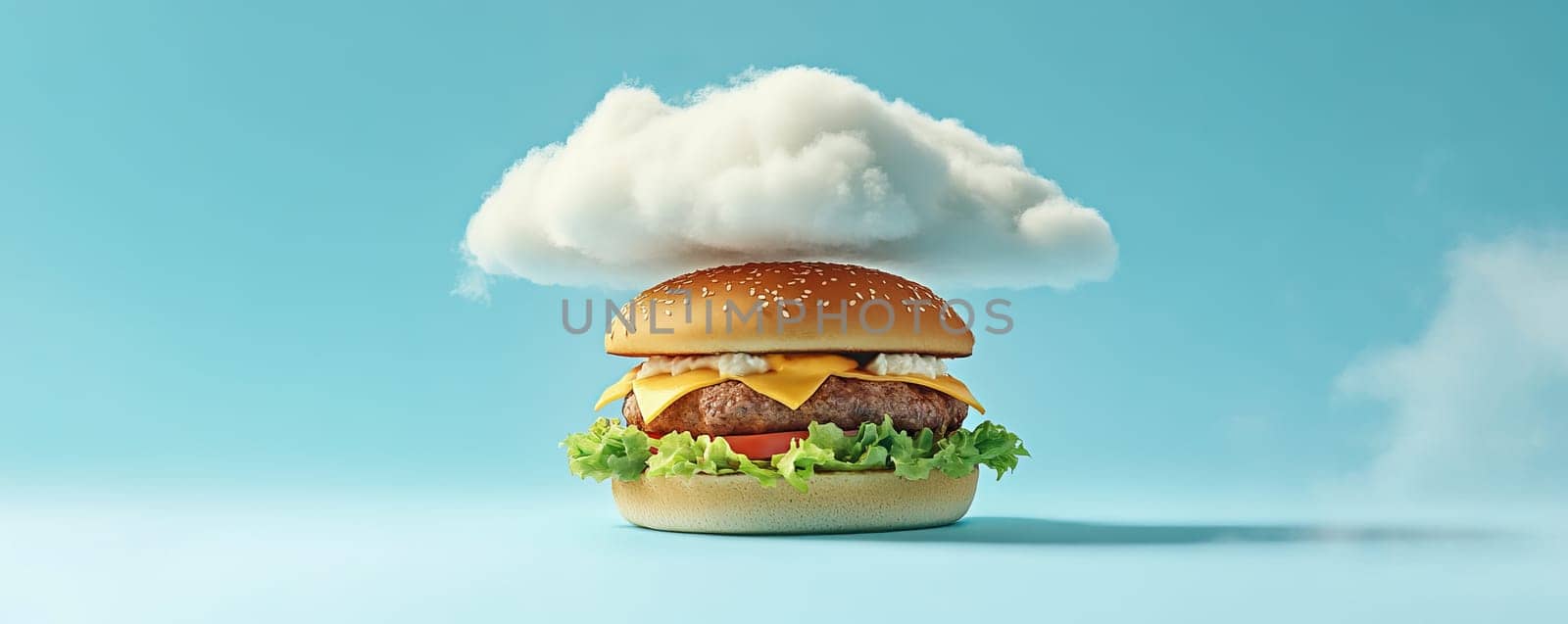 Cheeseburger with cloud on blue background, surreal concept.