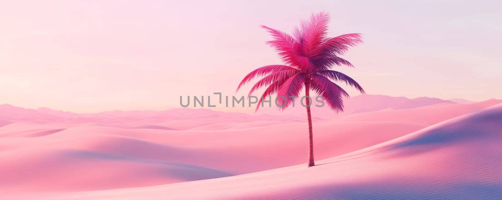 solitary pink palm tree in pastel desert landscape at sunset.