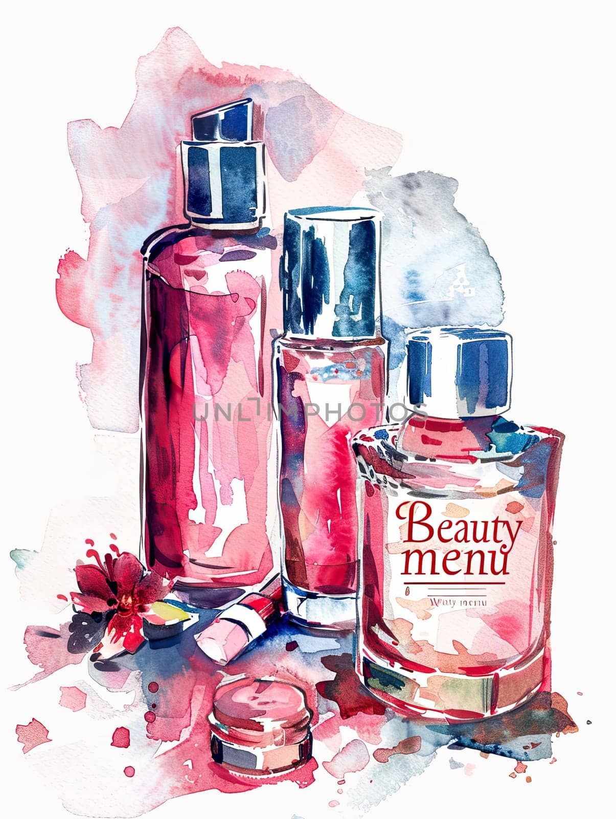 Vibrant watercolor artwork features a collection of beauty products including bottles and tubes, showcasing shades of pink and blue against an artistic backdrop.
