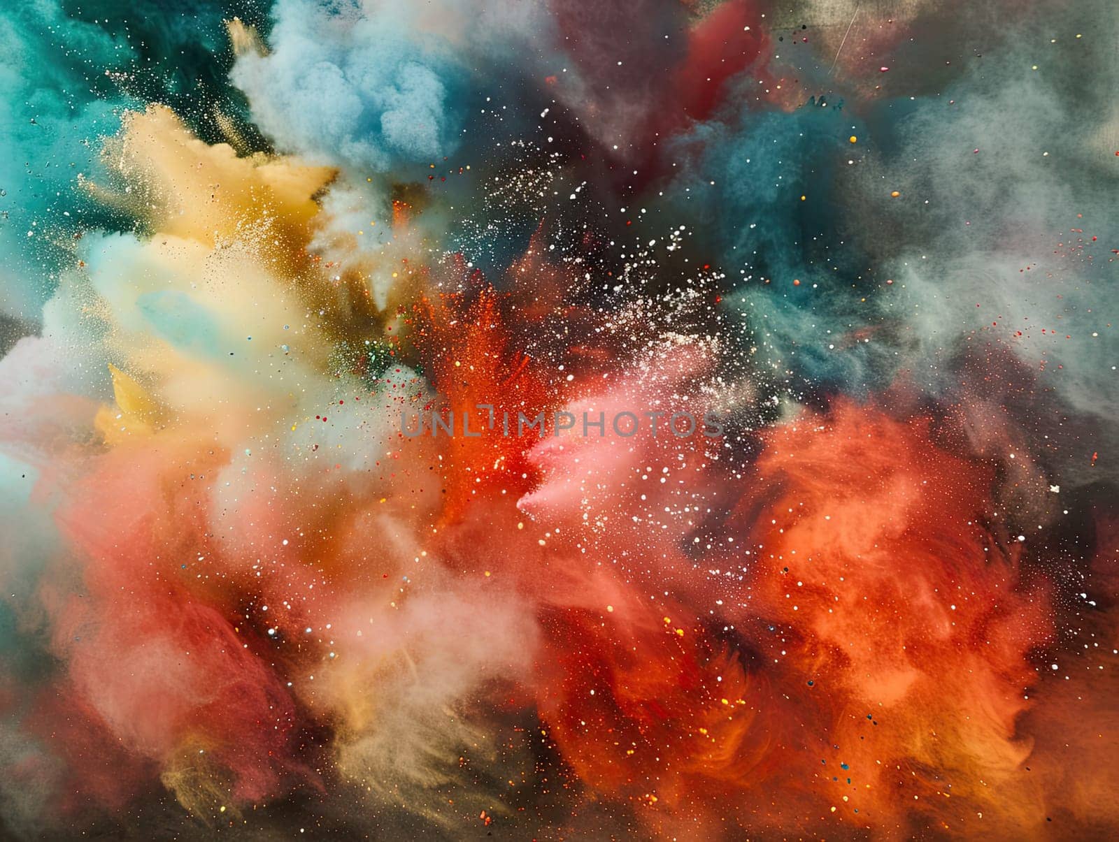 A spectacular burst of colorful powder envelops the air, creating a stunning visual display during a lively outdoor celebration, capturing the essence of joy and creativity.