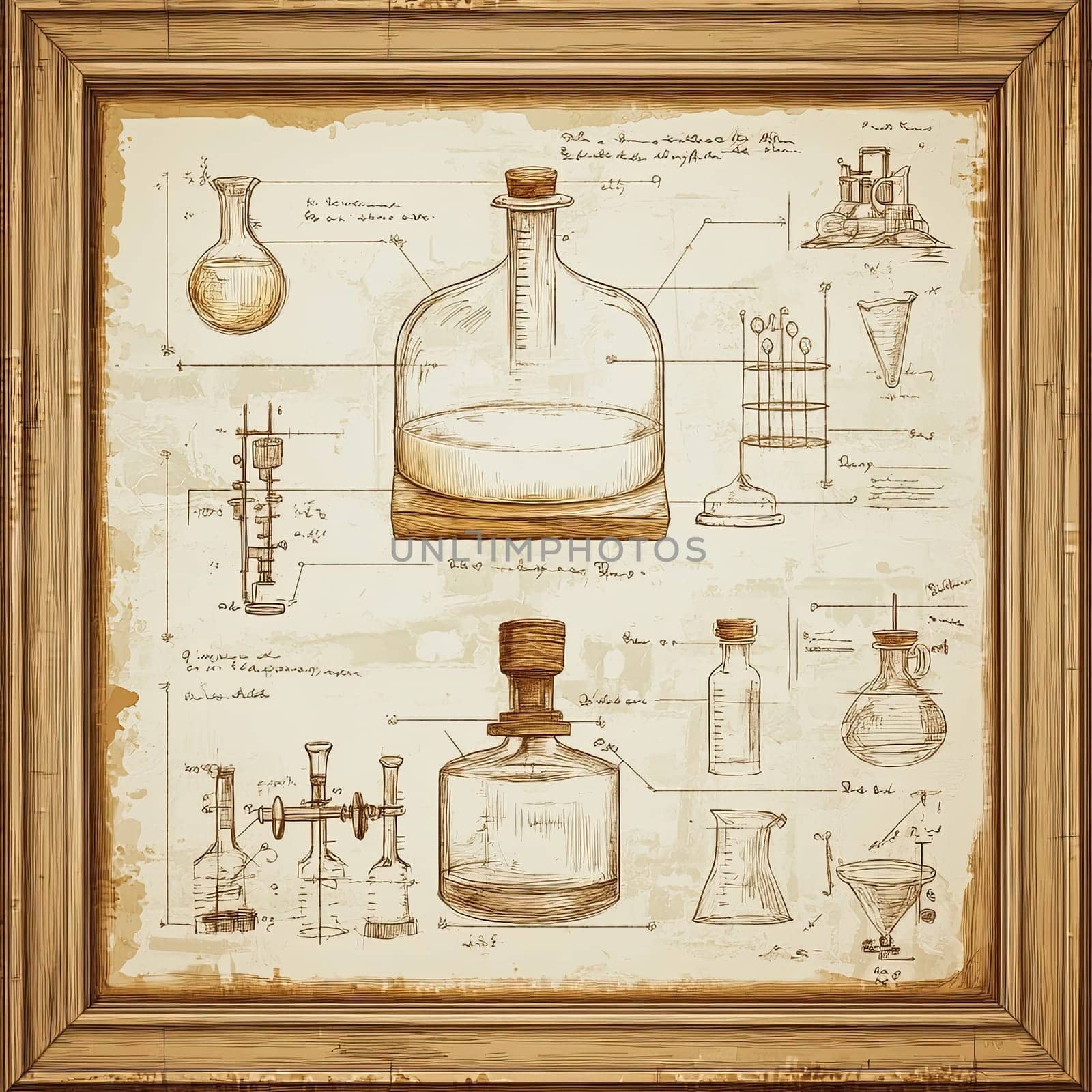 An artistic depiction showcases various types of laboratory glassware, including beakers and flasks, complete with annotations and measurements for historical reference.