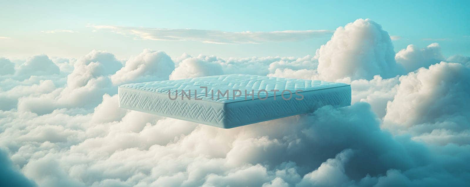 Floating mattress among fluffy clouds in bright sky, dreamlike and surreal concept.