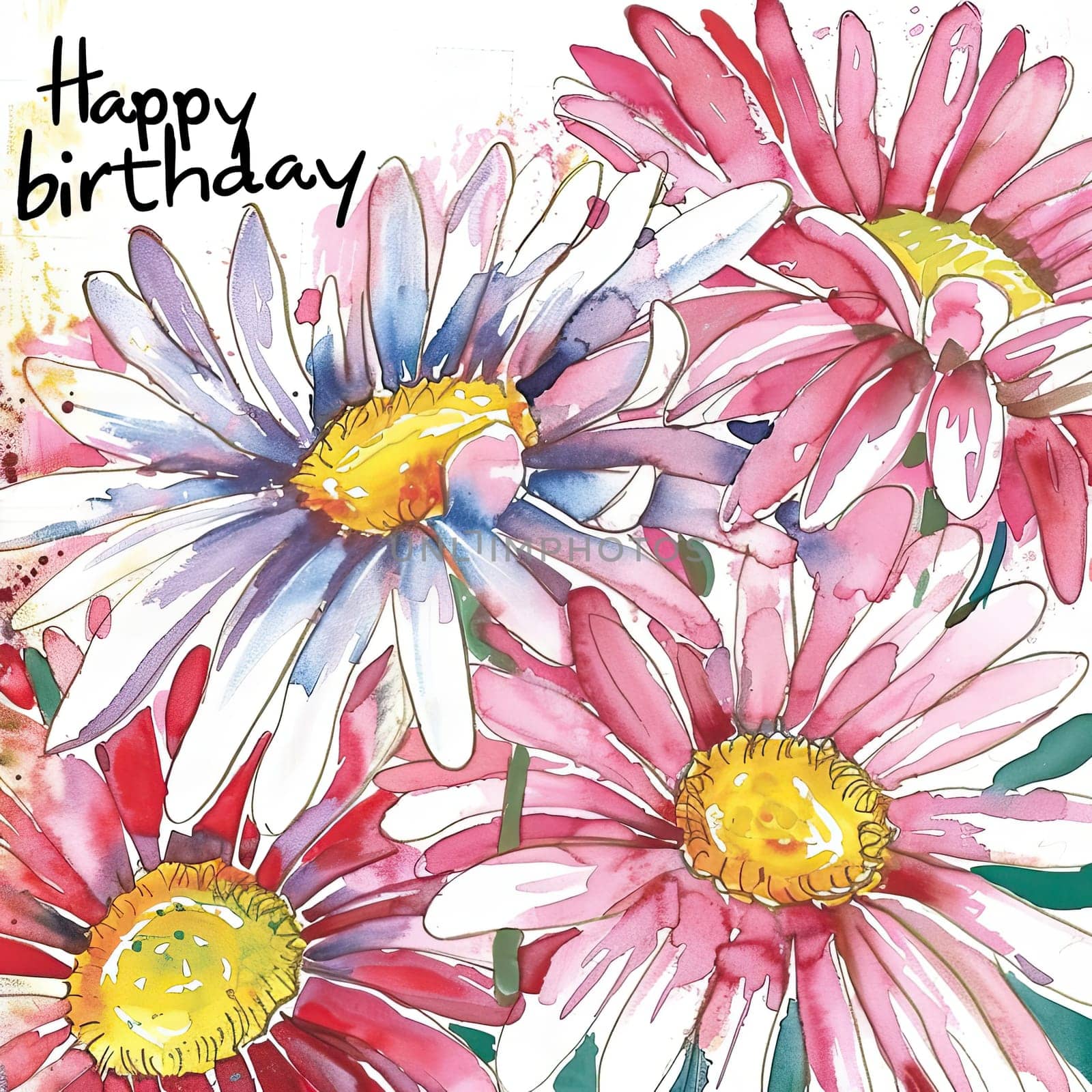 A vibrant arrangement of daisies in pink and white shades celebrates a birthday with cheerful colors and a joyful message, evoking a sense of festivity and happiness.