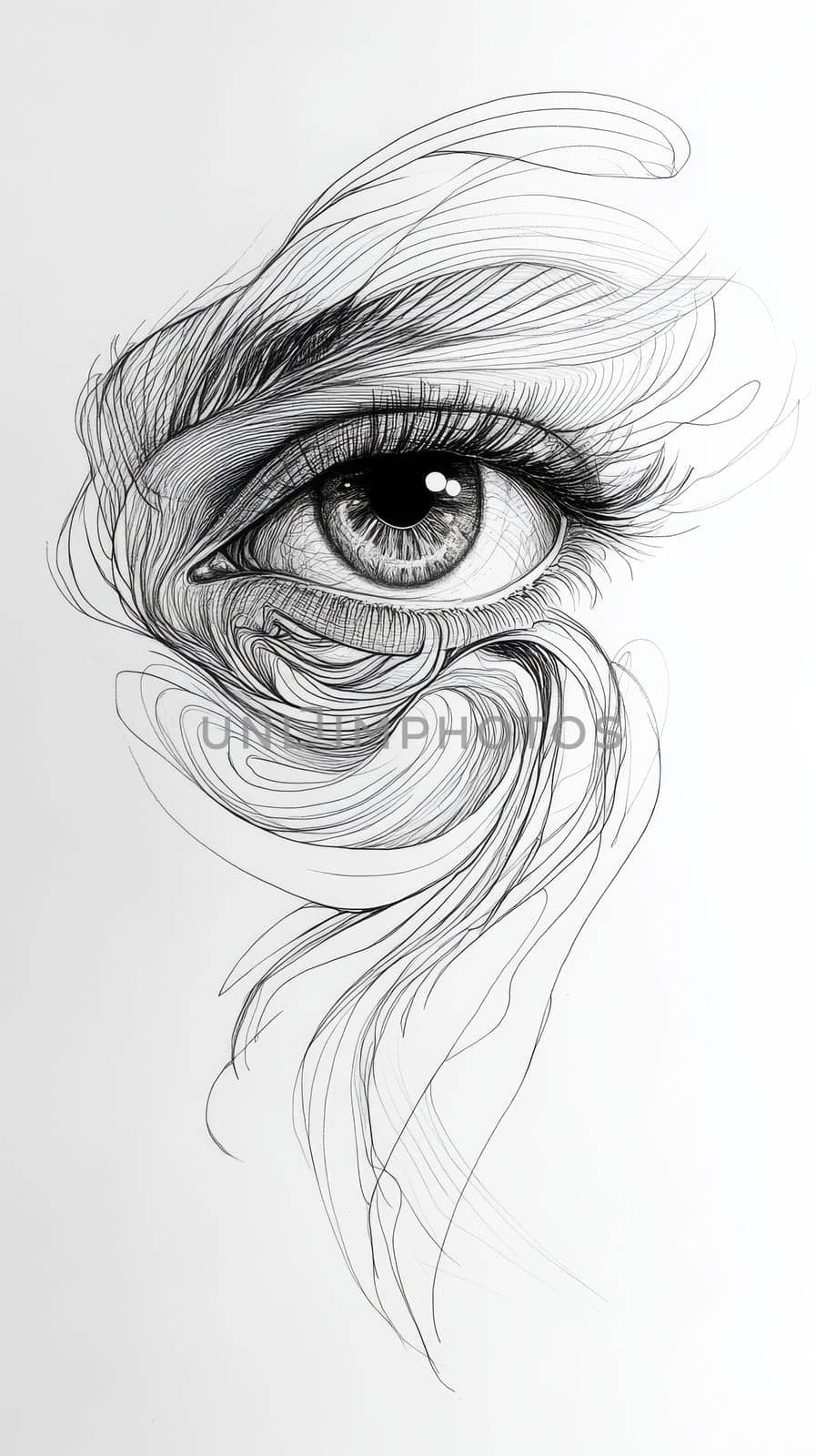 Intricate pen drawing of a human eye with swirling lines on a white background.