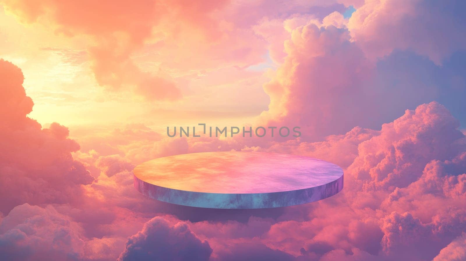 Floating platform in a vibrant sunset sky, surreal dream scape. Fantasy concept.