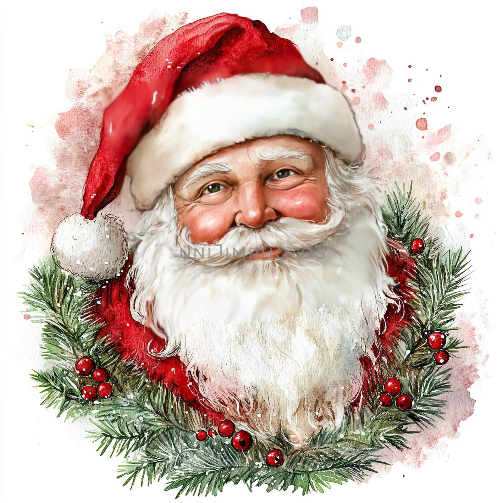 Santa Claus smiles warmly, adorned in a traditional red suit with a fluffy hat, encircled by vibrant pine branches and red berries, embodying the spirit of Christmas.