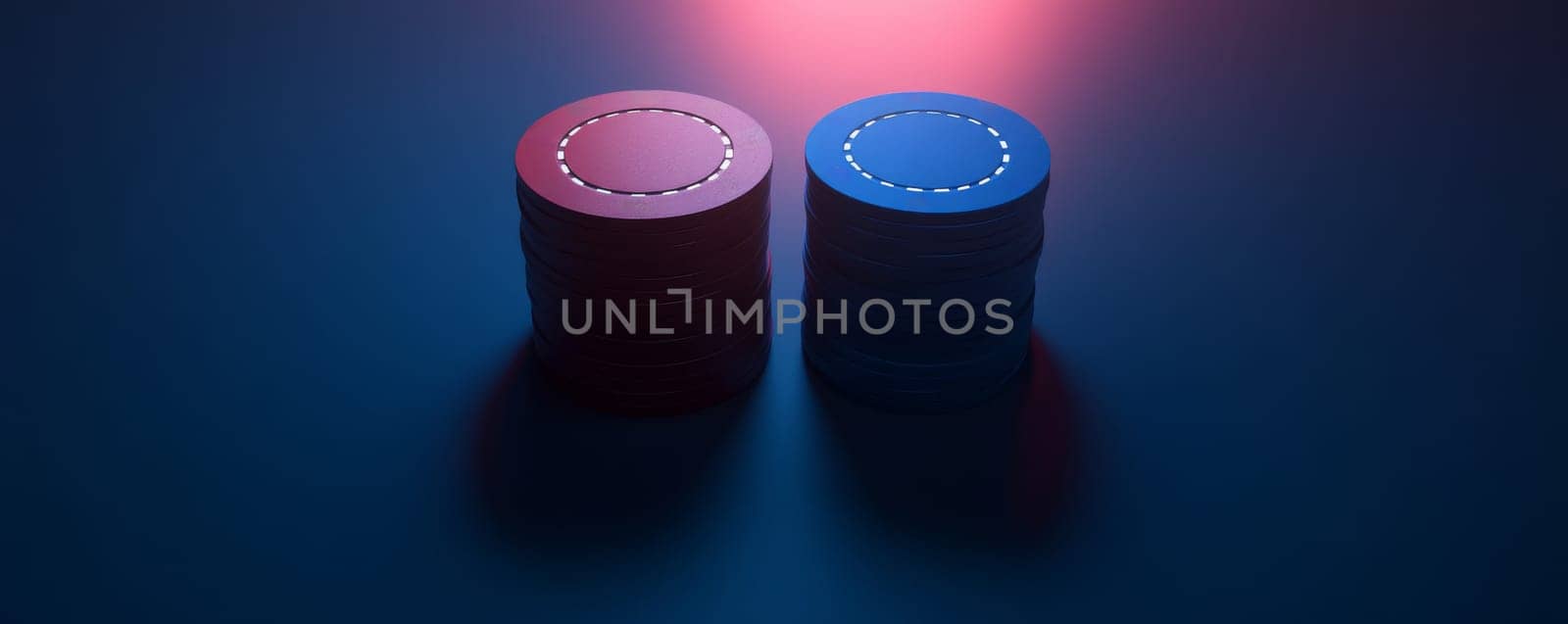 Stack of red and blue poker chips under neon light.