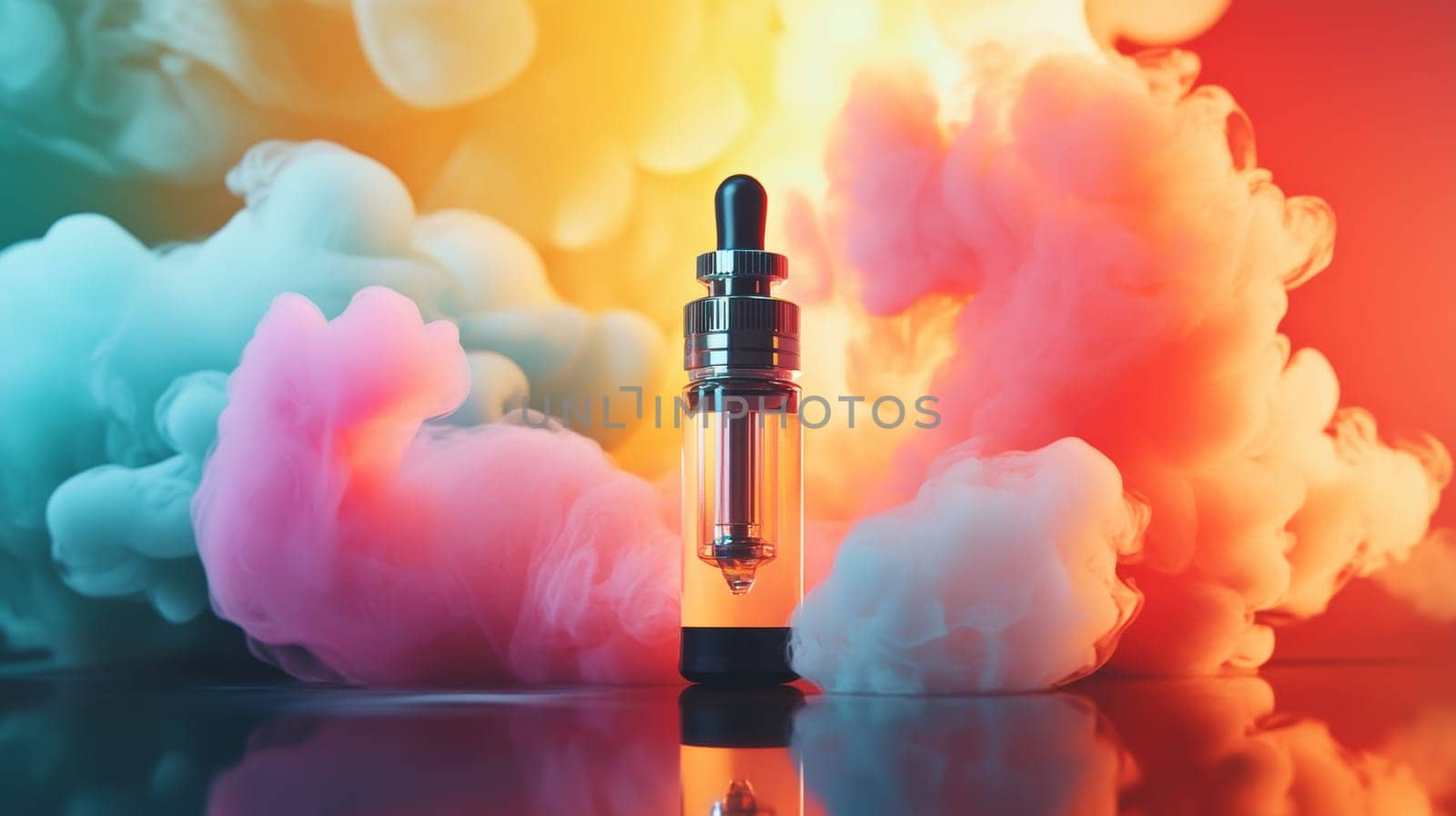 Vape pen with colorful vapor clouds, abstract art concept.