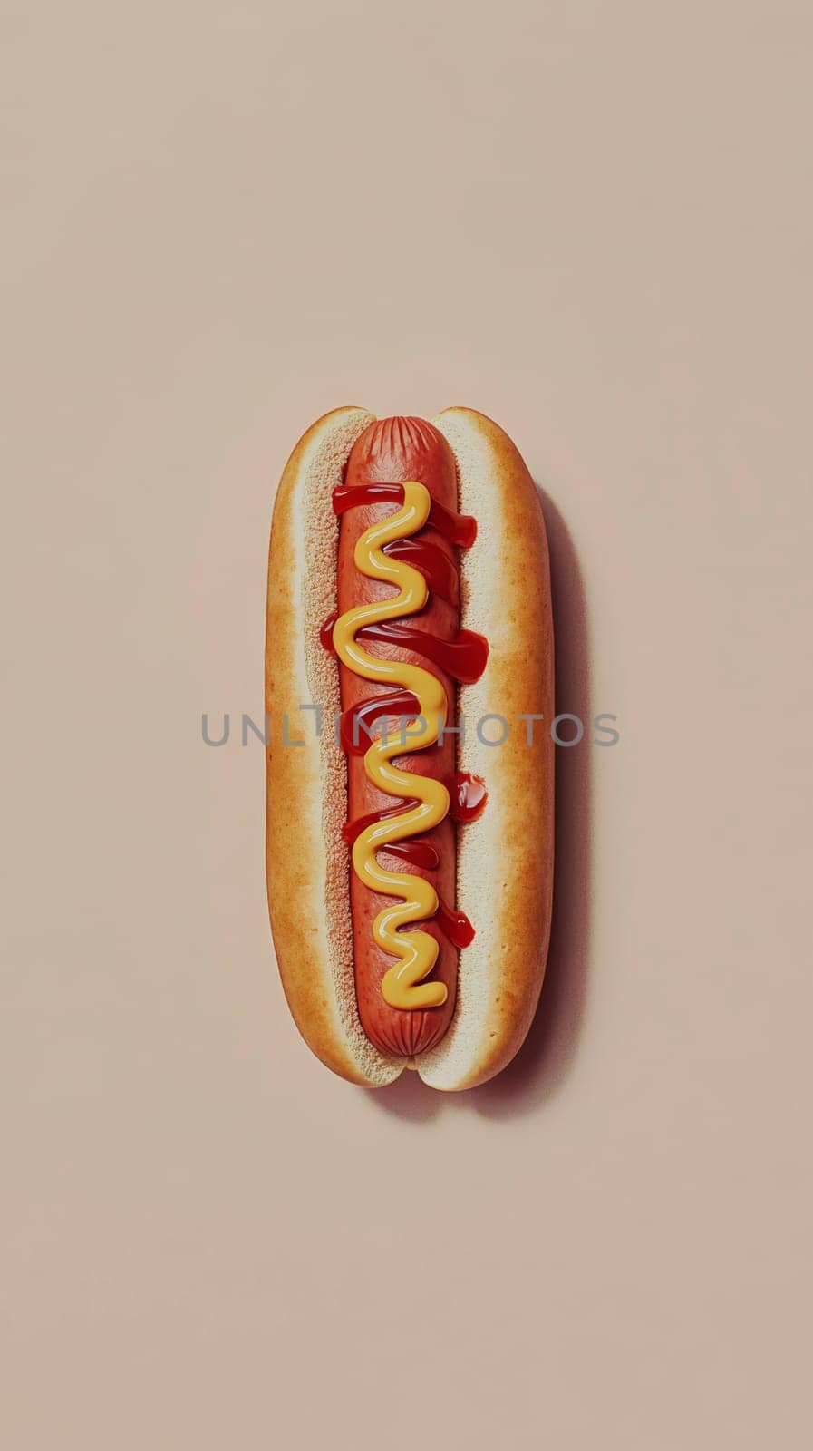 Hot dog with ketchup and mustard on neutral background.