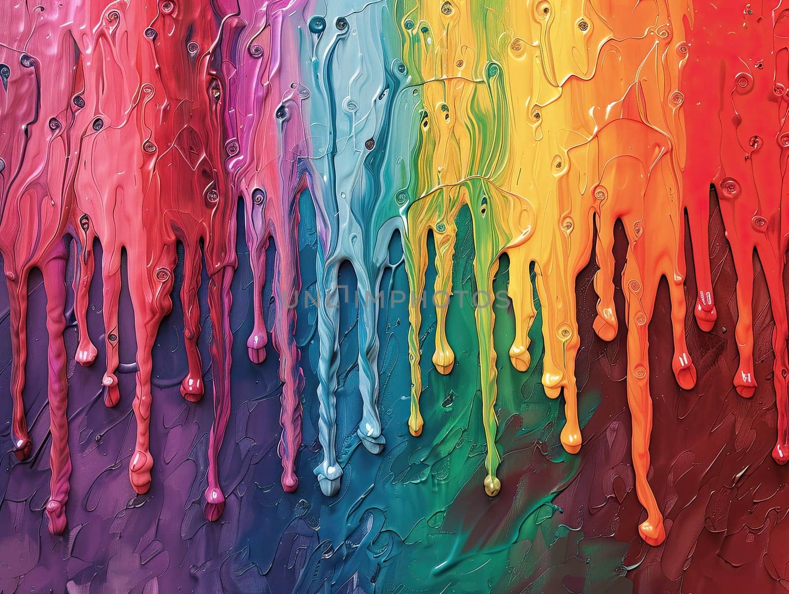 Vivid paint in rainbow hues drips down a textured surface, showcasing a blend of colors from red to purple in an art studio environment, highlighting creativity.