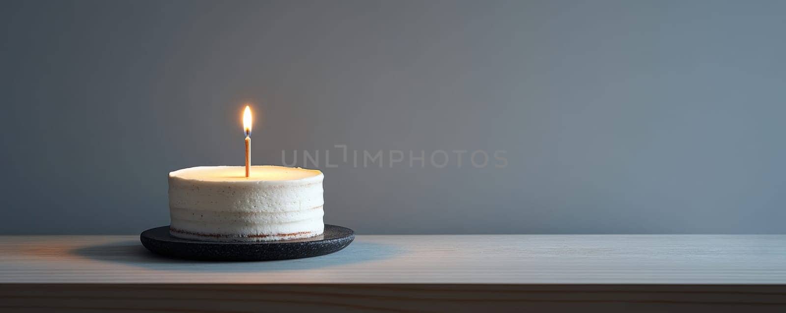 Single lit candle on white frosted cake against gray backdrop, minimalistic birthday celebration concept.