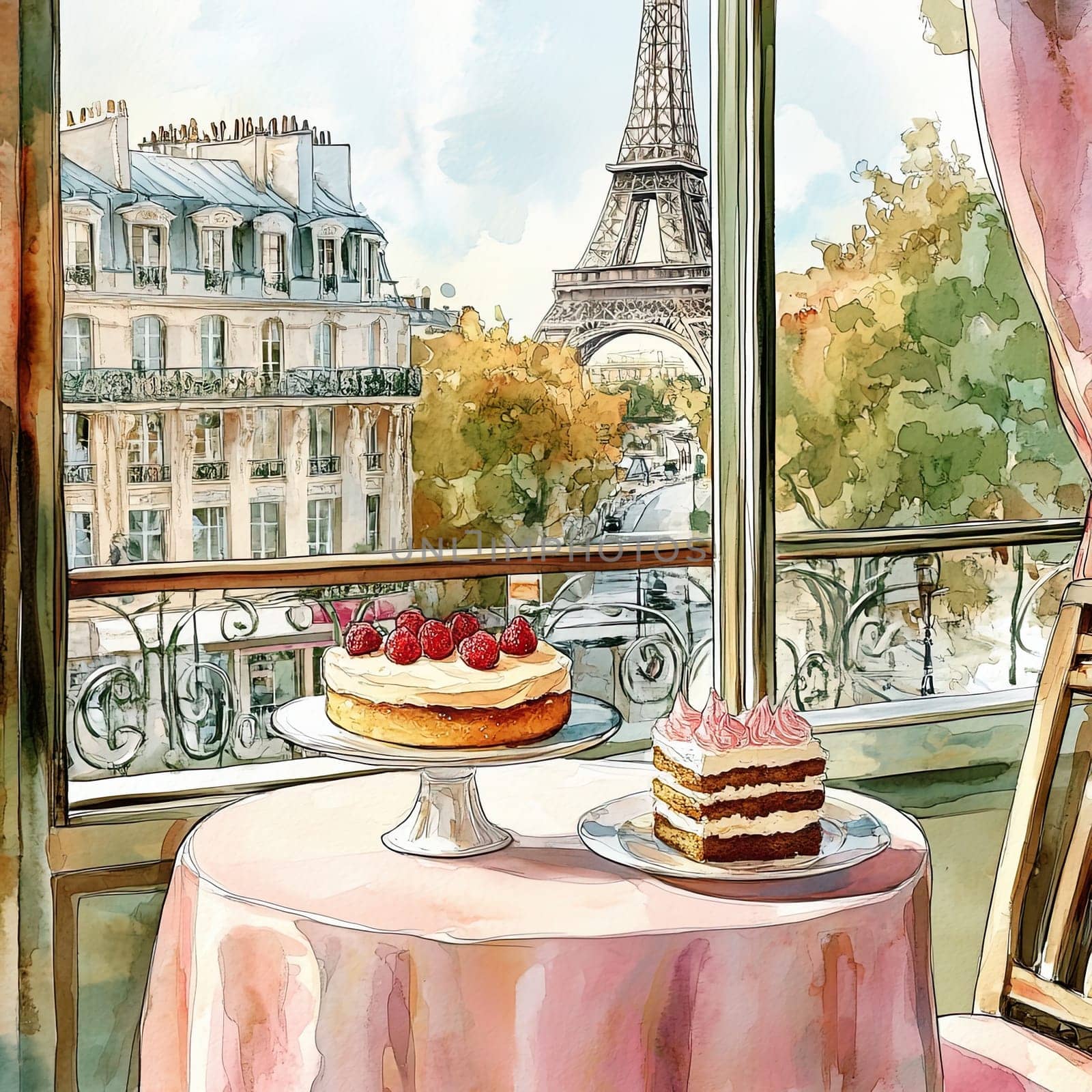 A beautiful balcony scene showcases two tempting cakes on a table. The Eiffel Tower rises elegantly in the background, creating a quintessential Parisian atmosphere.