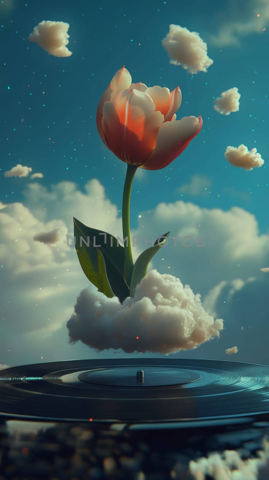 Surreal floating tulip growing from cloud above vinyl record.