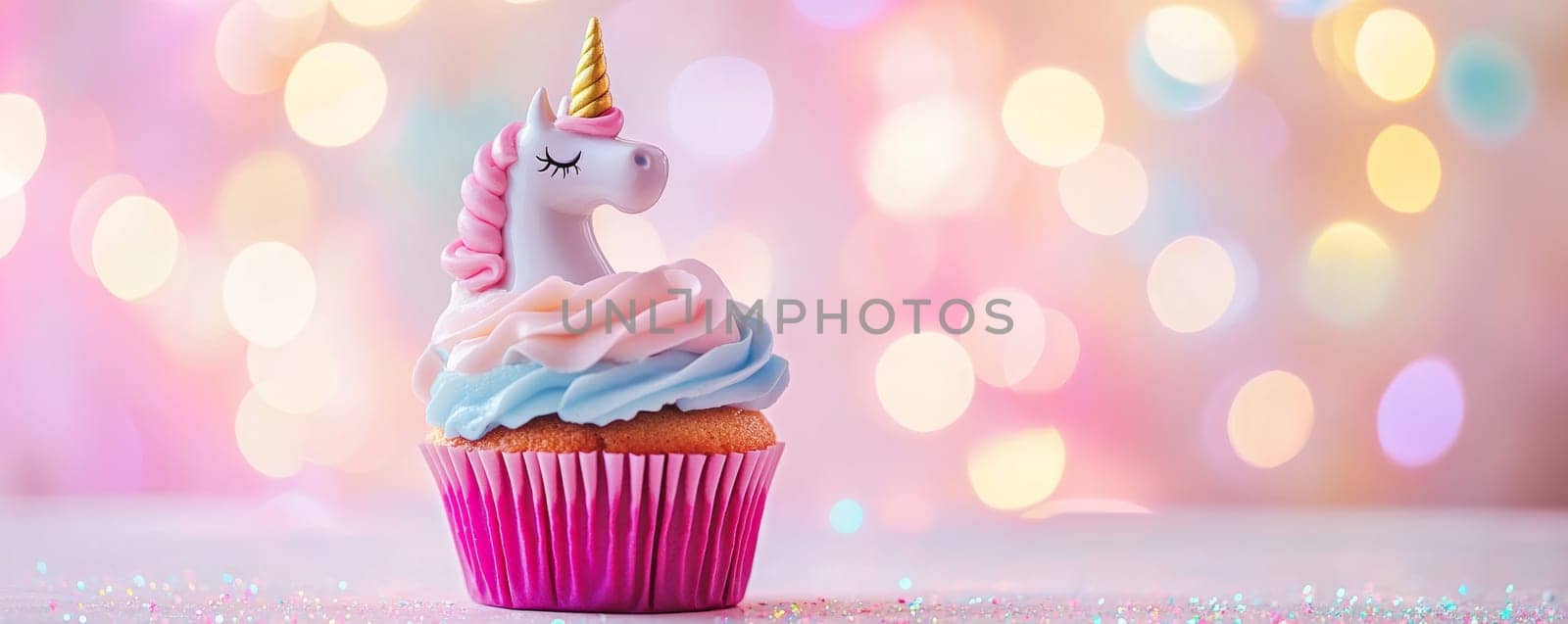 Cupcake with unicorn topper on pastel bokeh background. Whimsical dessert and fantasy theme concept.