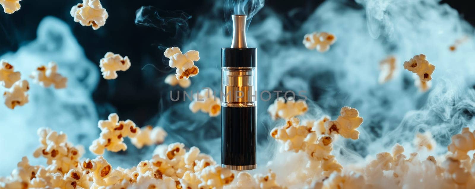 Vape pen surrounded by popcorn and smoke, dynamic composition. Modern vaping lifestyle concept.