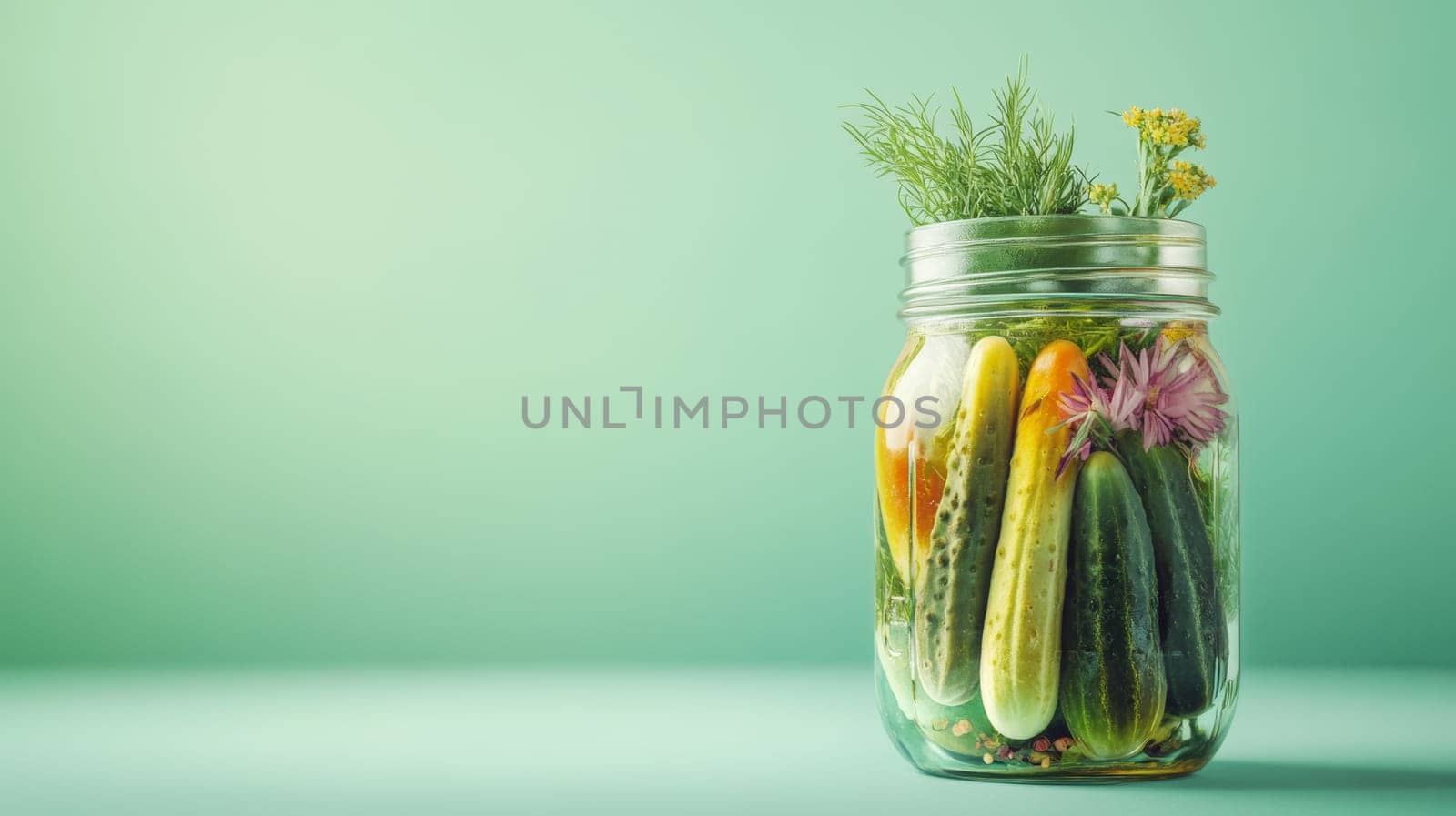 Jar of pickled cucumbers and herbs on green background.