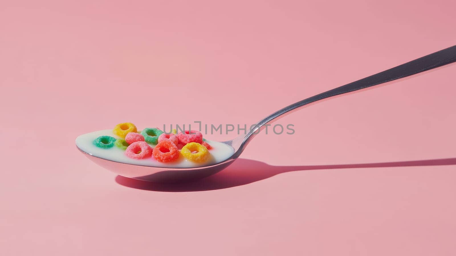 Spoon of colorful cereal with milk on pink background, minimalist food concept.
