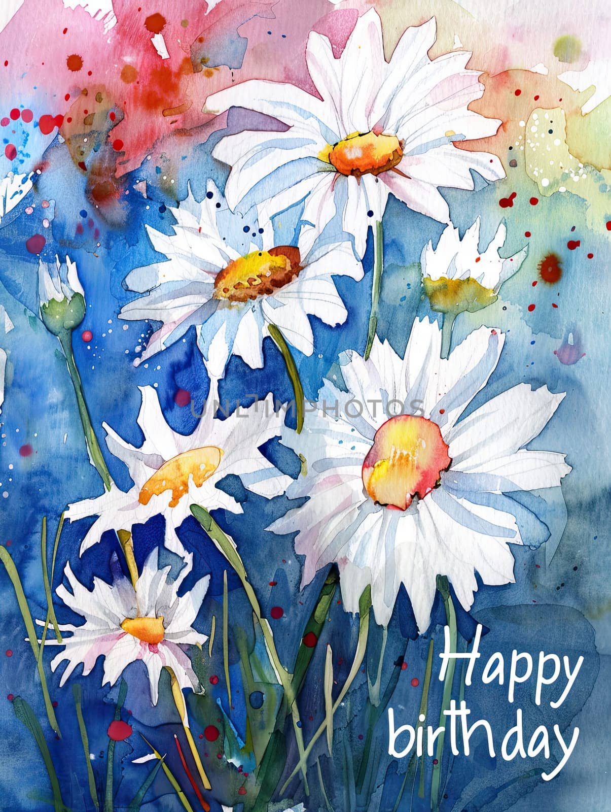 A vibrant arrangement of white daisies features a cheerful Happy Birthday message against a colorful blue and red background, perfect for celebrating special occasions.