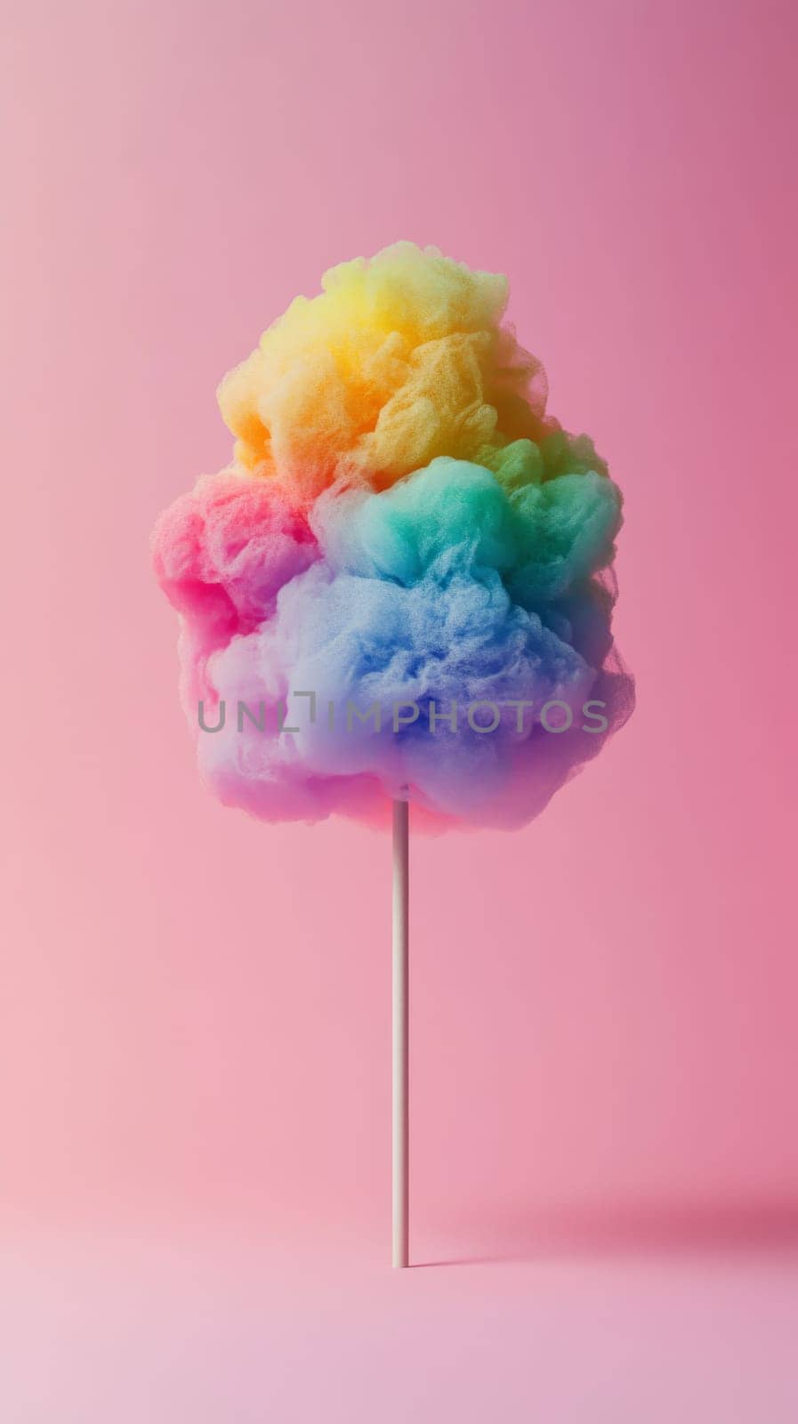 Rainbow cotton candy on pink background, colorful treat concept.