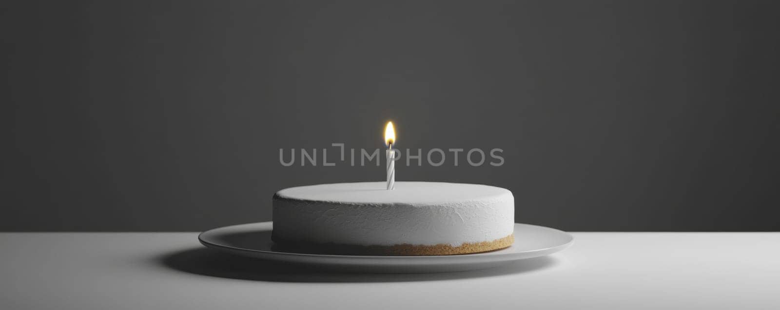 Single white cake with lit candle on dark background.