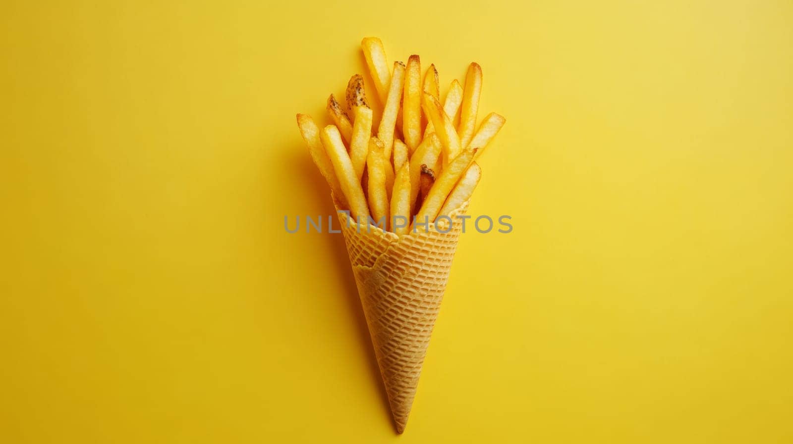 Fries in a waffle cone on yellow background, creative food concept.