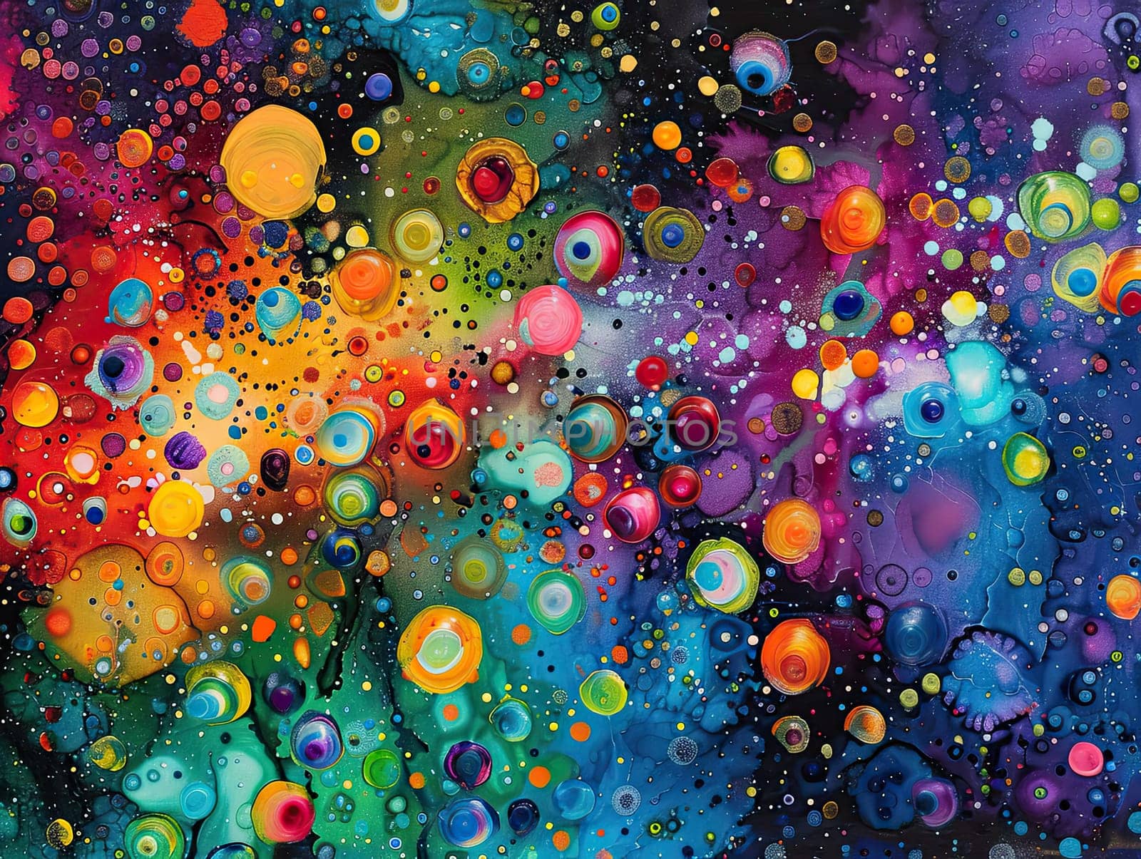 This artwork showcases a captivating blend of vibrant colors and circular shapes resembling celestial bodies, creating an imaginative galaxy-like effect.
