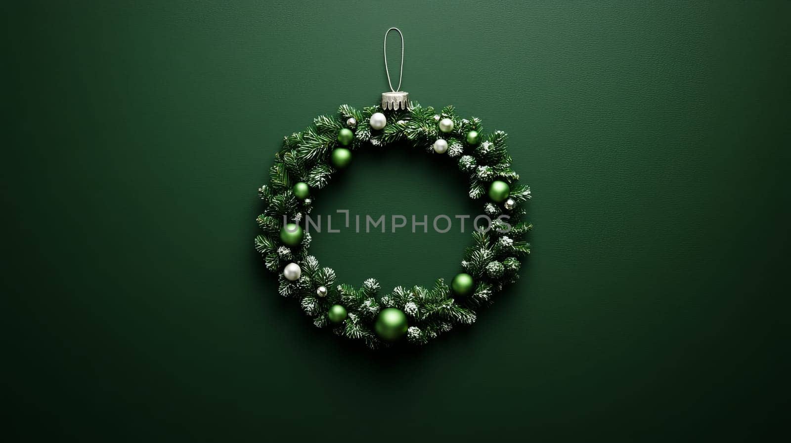 Christmas wreath with green and silver ornaments on a dark green background. Festive decoration and holiday celebration concept.