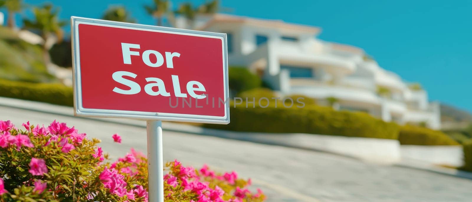 vibrant For Sale sign stands prominently in front of modern home, surrounded by colorful flowers, capturing essence of real estate opportunities.