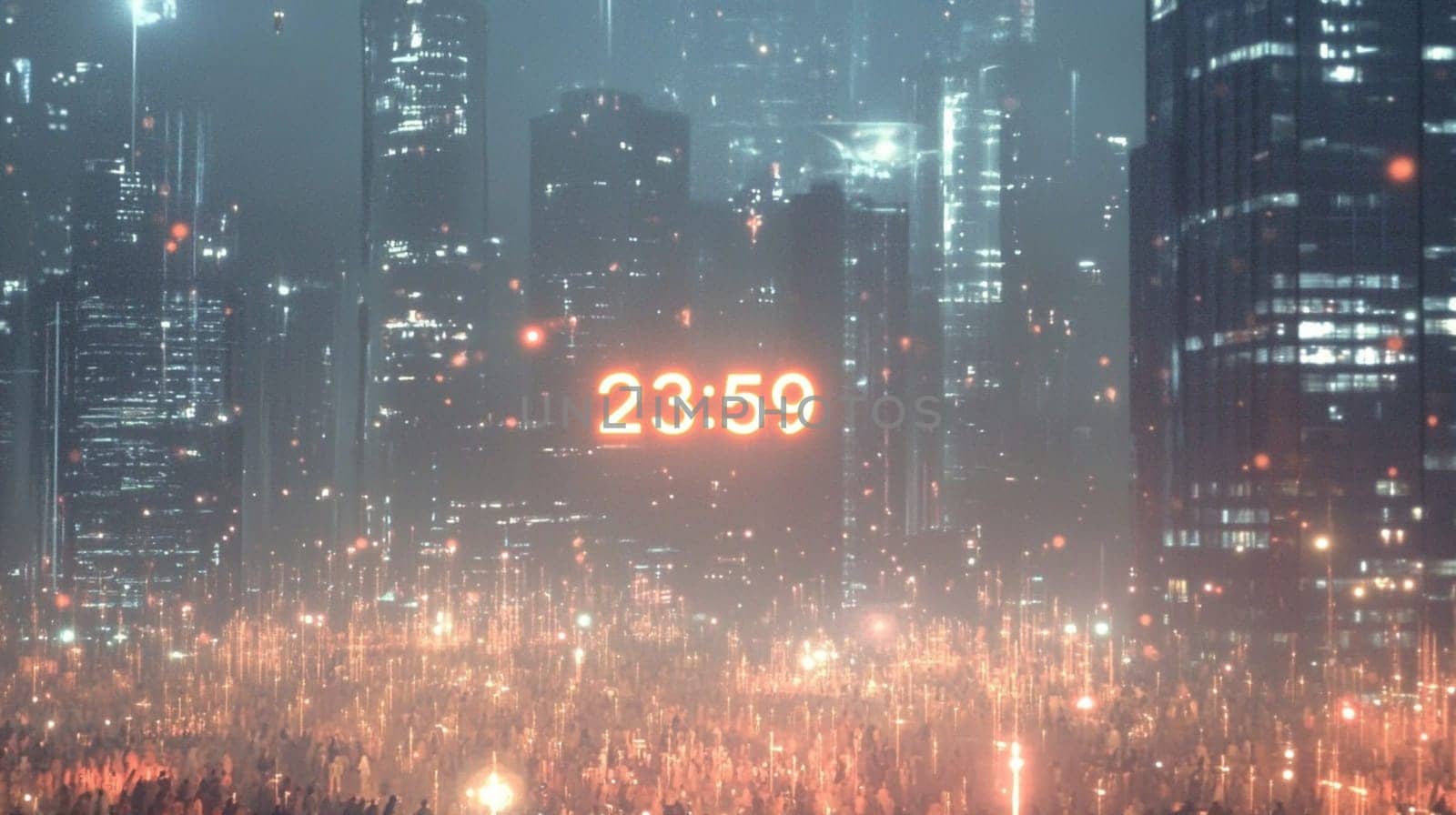 Large crowd is gathering in a futuristic city at night, illuminated by glowing lights and a digital clock counting down the last minute of the year