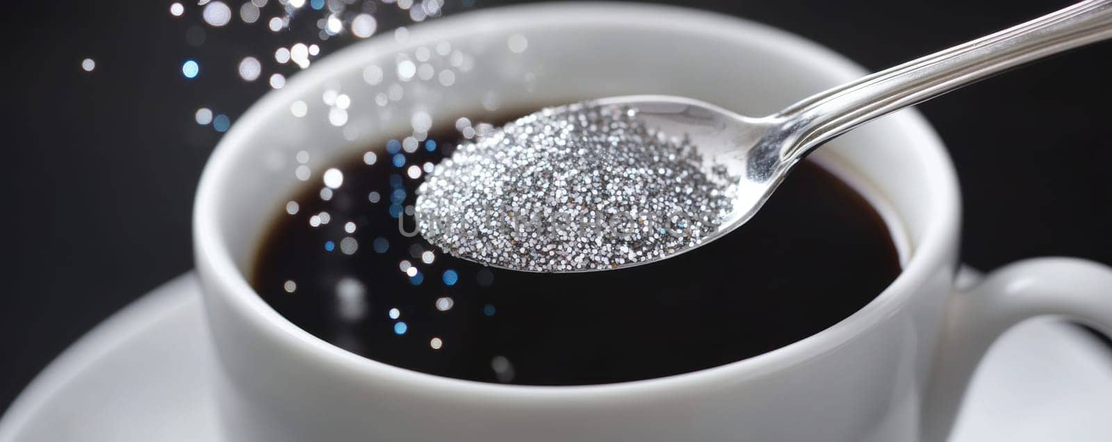 Spoonful of glitter in a cup of coffee, creative concept for abstract art.