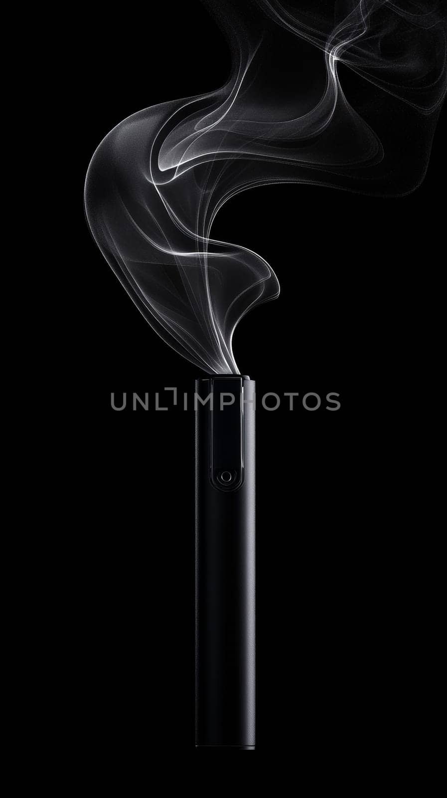 Electronic cigarette with swirling smoke, minimalist design. Modern lifestyle and relaxation concept.