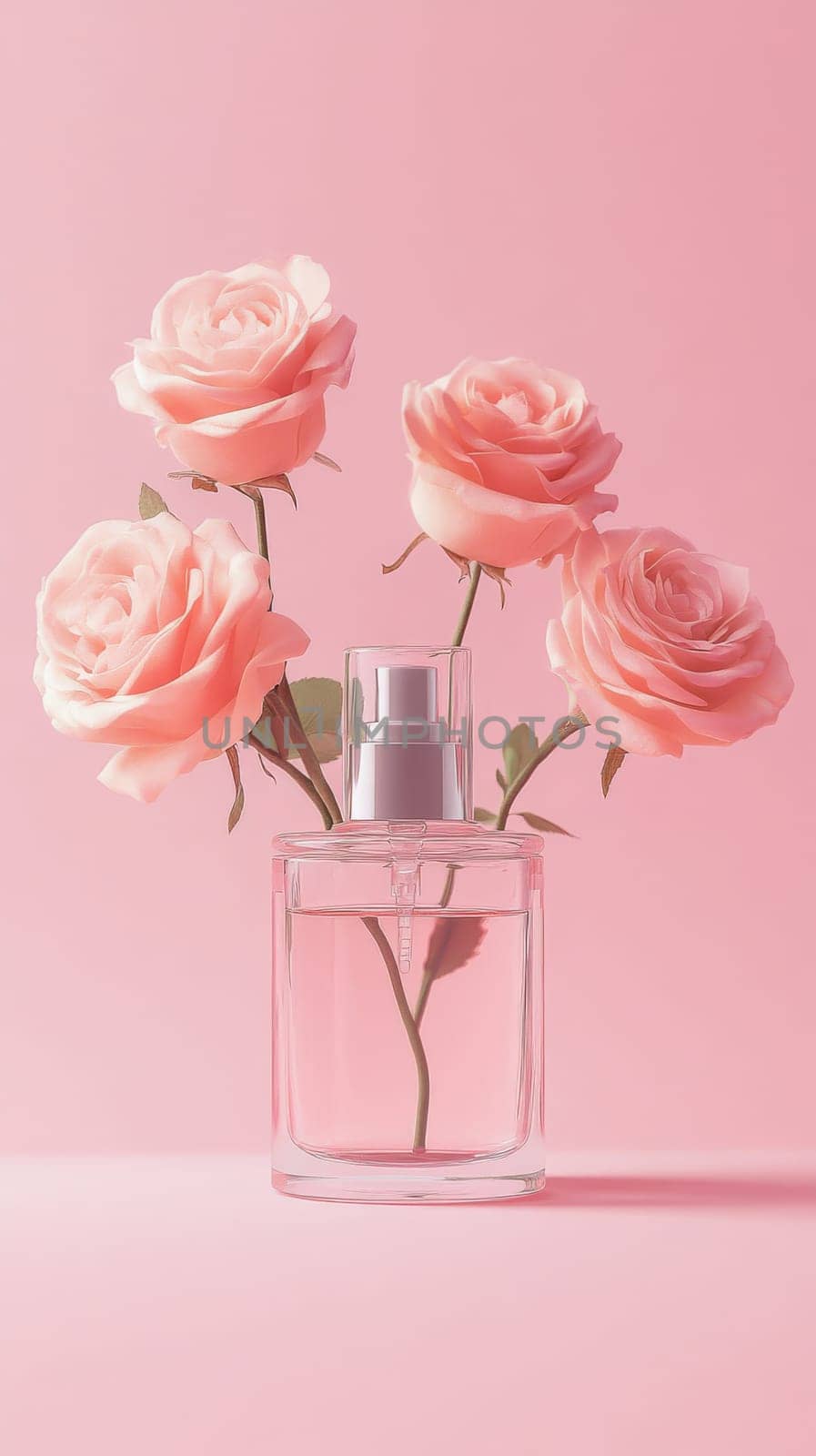 Pink roses in a perfume bottle on a pink background, floral fragrance concept.
