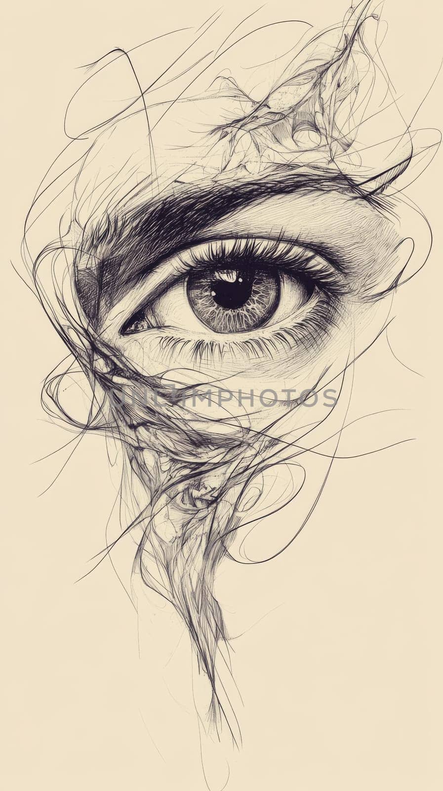 Artistic sketch of a detailed human eye with swirling abstract lines, intricate drawing concept.