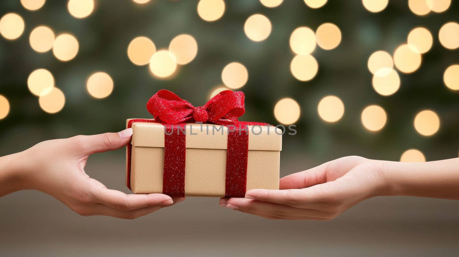 warm exchange of beautifully wrapped gift in festive atmosphere, symbolizing joy and generosity during holiday season.