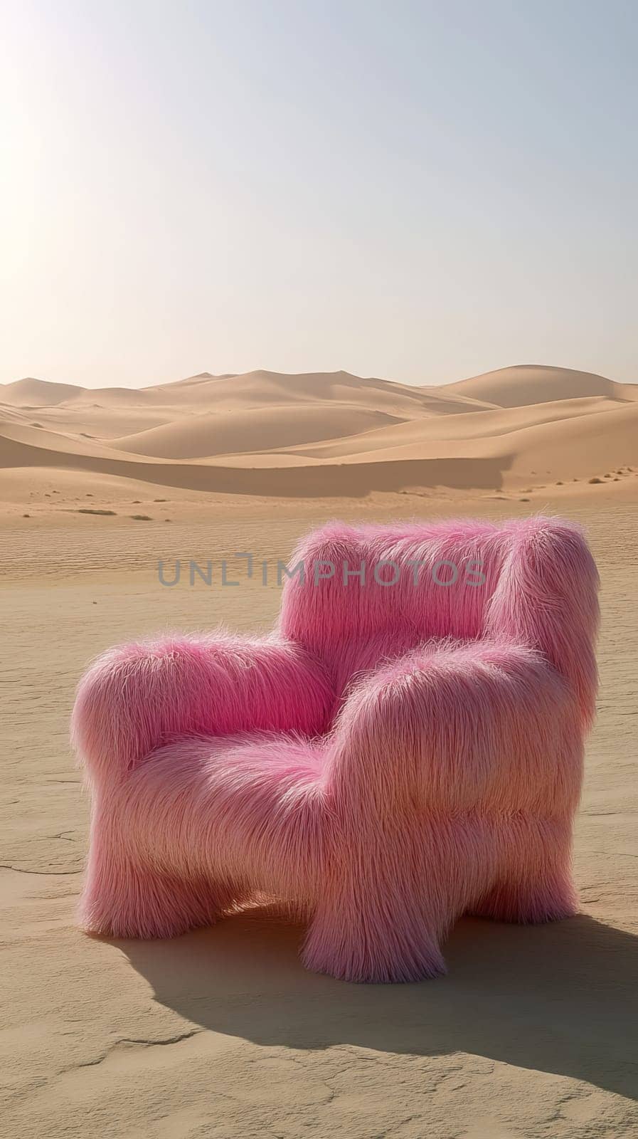 Pink furry armchair in the desert, surreal art concept.