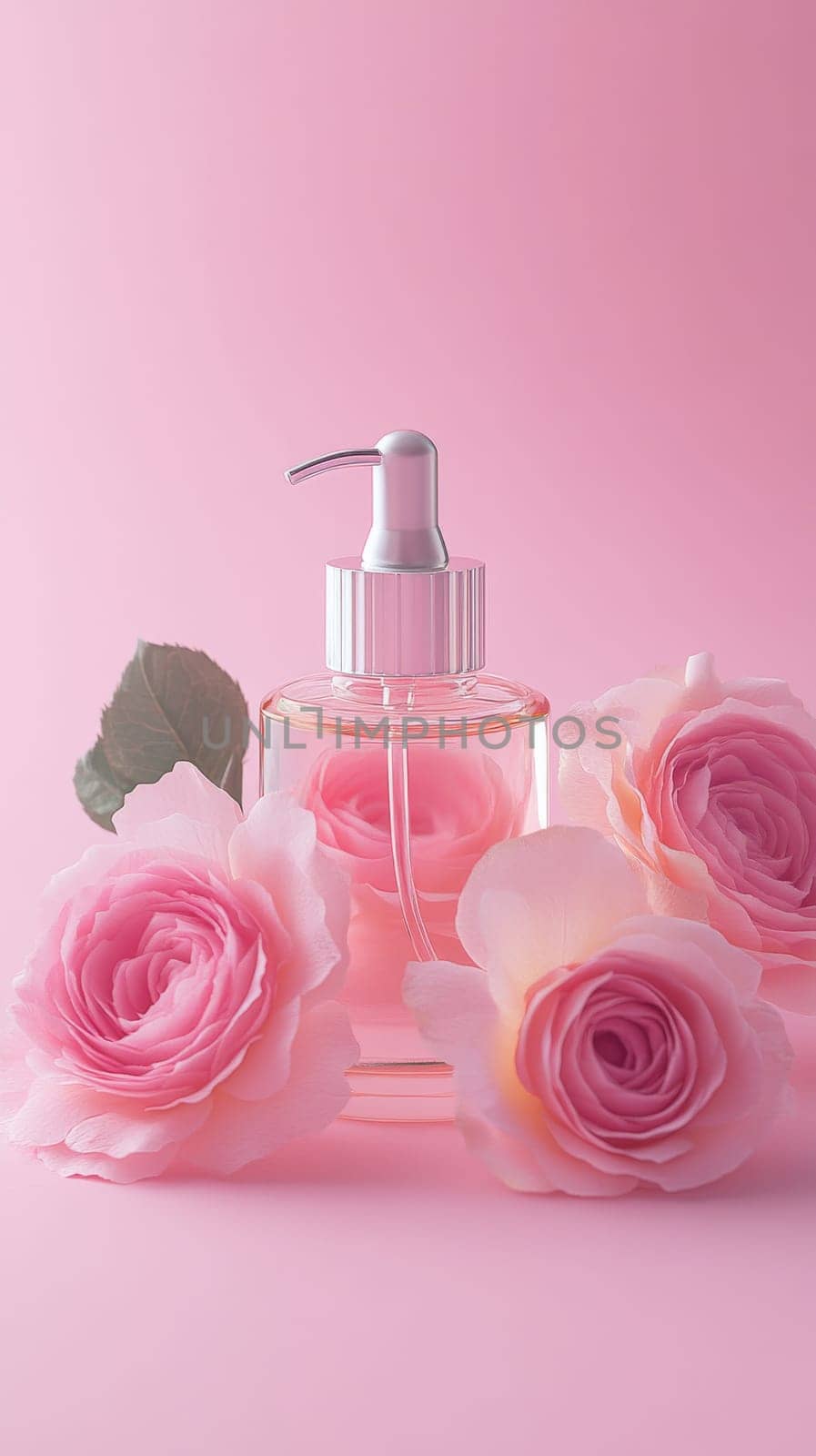 Perfume bottle with pink roses on a pastel background, elegance and beauty concept.