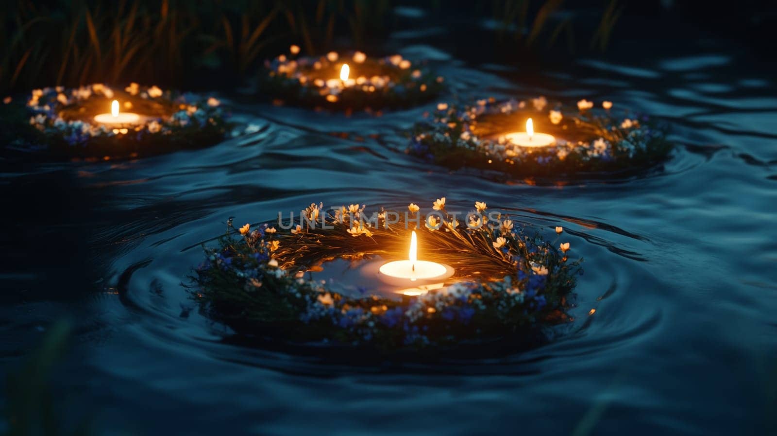 Floating candles on water with flower wreaths at night. Tranquil and serene ambiance concept.