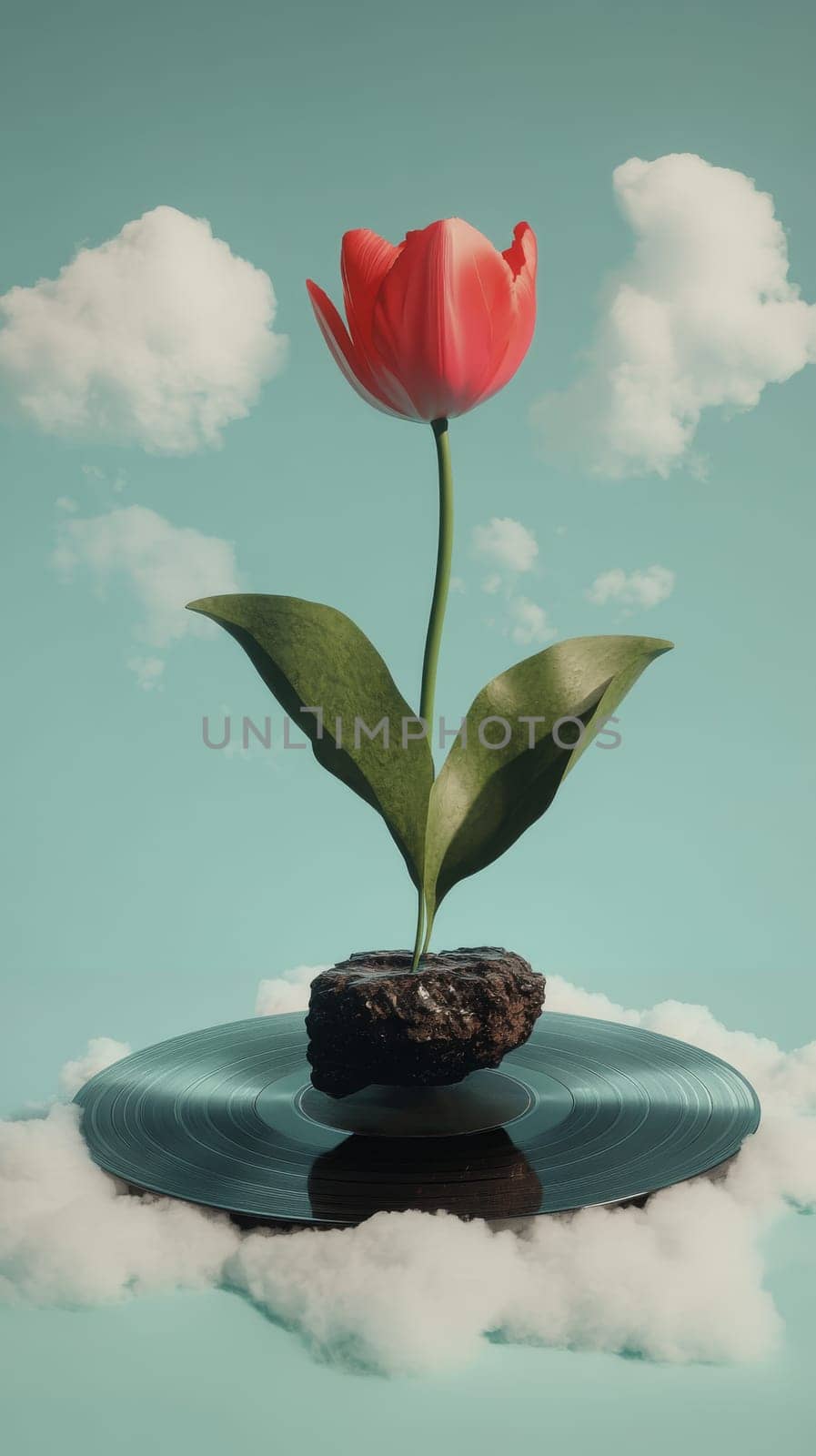 Red tulip on a vinyl record in a surreal sky with clouds, whimsical nature concept.